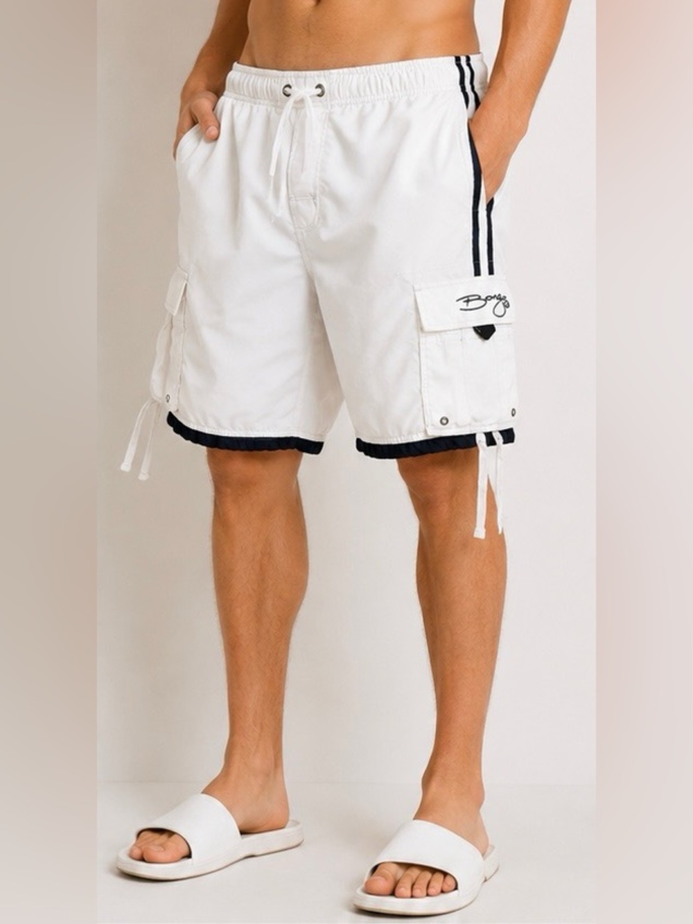 BONGO White Cargo Swim Shorts with Black Trim